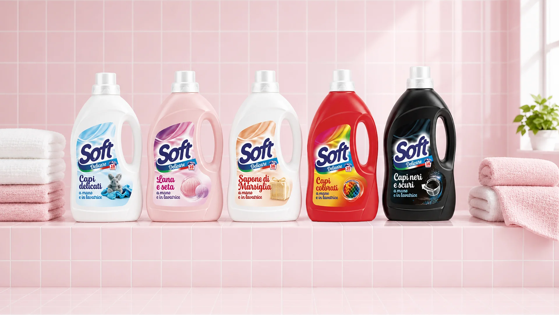 La range di prodotti detergenti home care Soft, con il design e l'architettura di gamma di ATC
