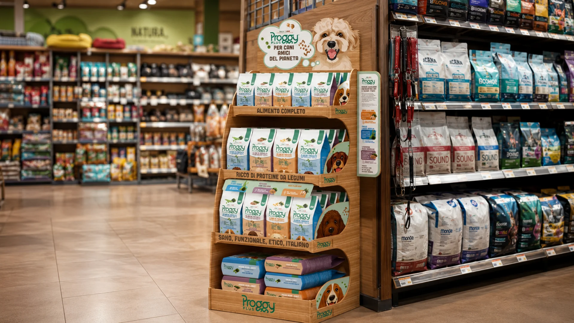 L'espositore retail durevole realizzato da ATC - All Things Communicate per la gamma di petfood specializzato Proggy Plus di Andriani