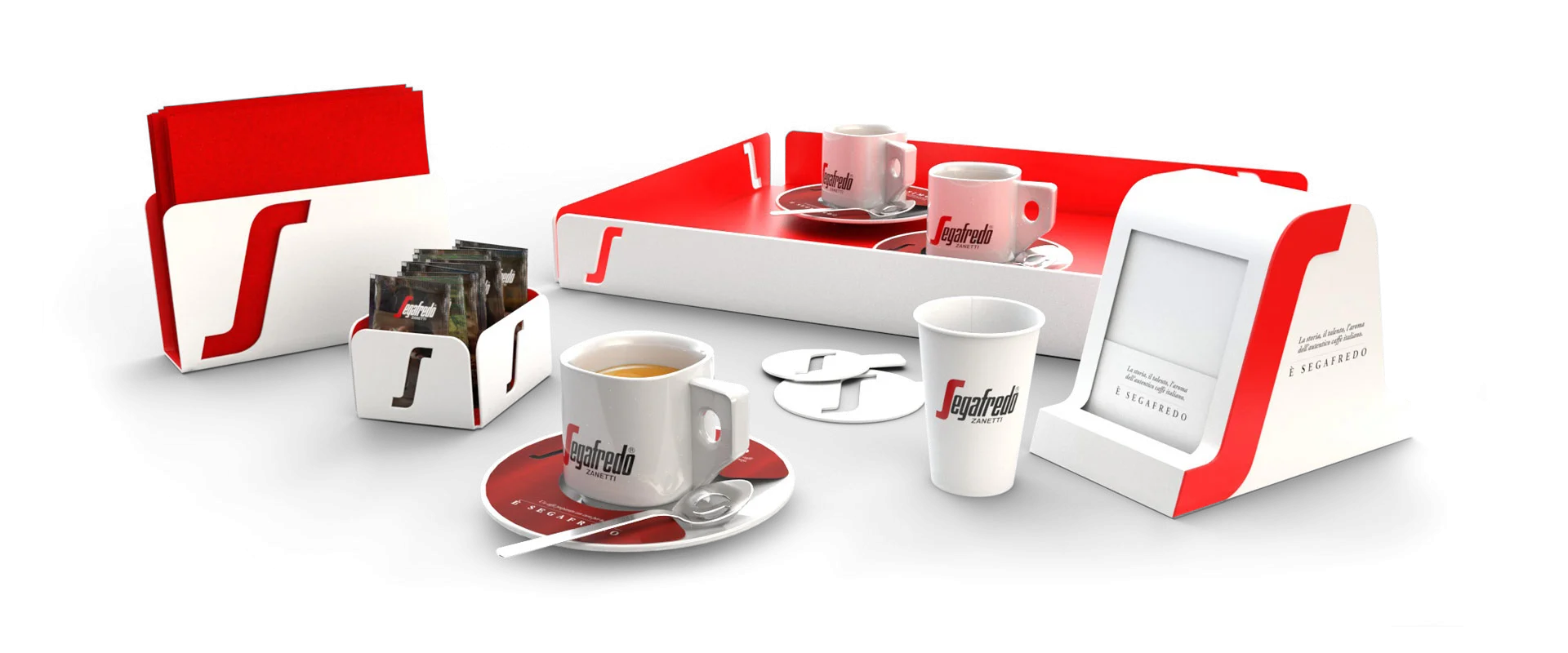 Il design dei materiali dedicati al posizionamento di Segafredo nel canale bar