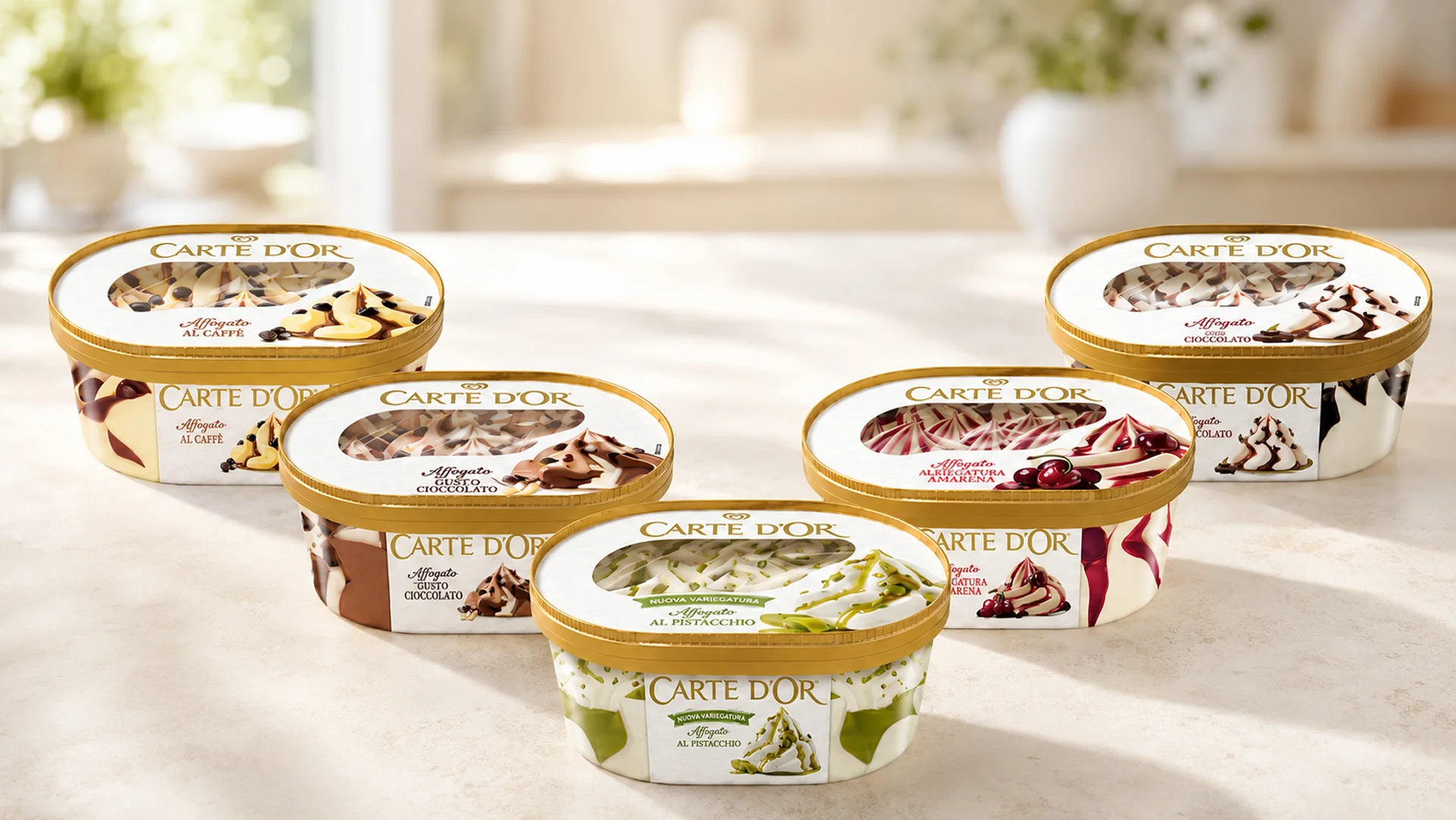 L'intera gamma Carte D'Or Affogati, con l'innovativo packaging realizzato da Reverse Innovation con ATC