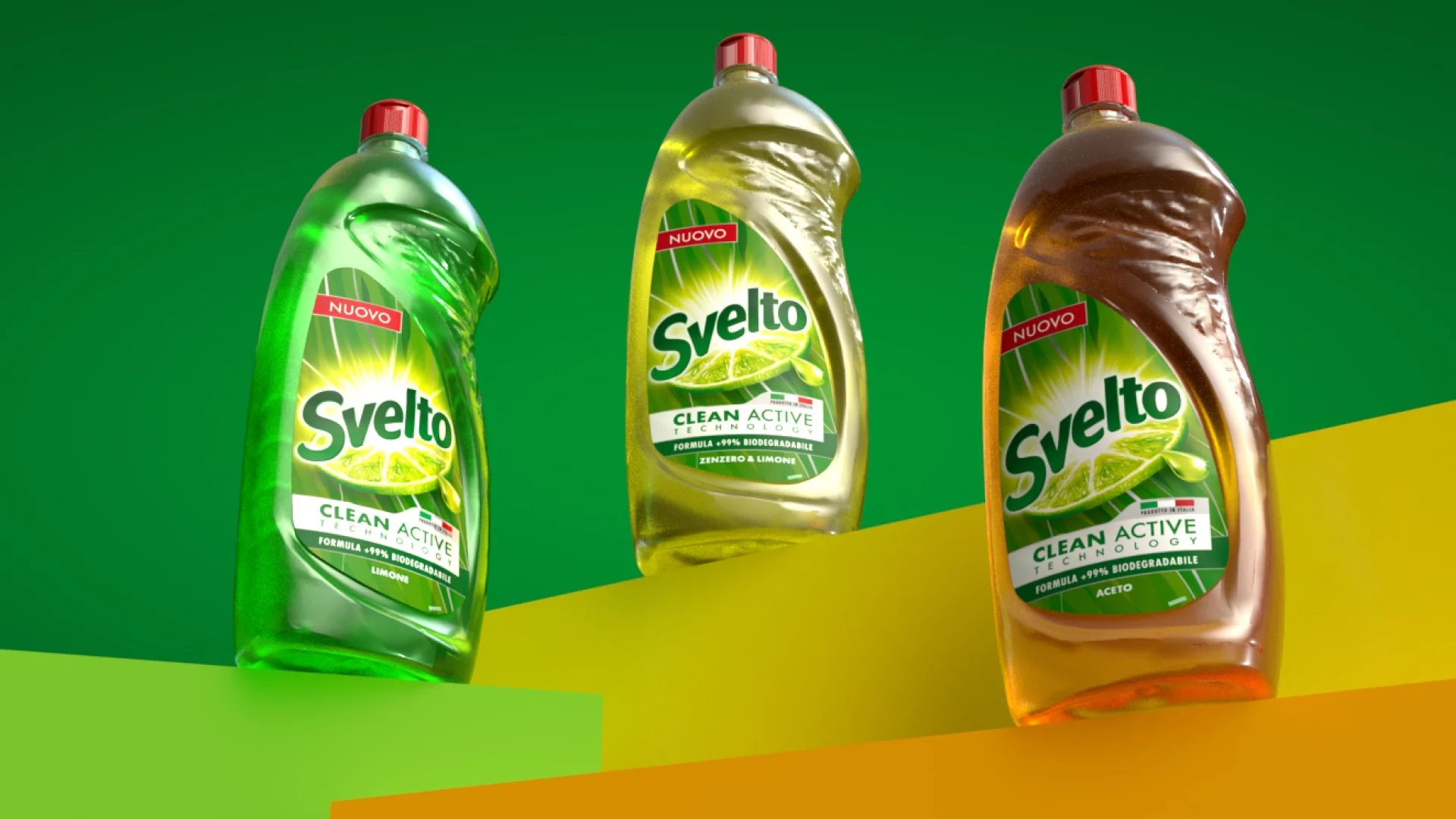 La gamma di packaging per l'innovazione di prodotto Svelto Clean Active con il design di Reverse e ATC