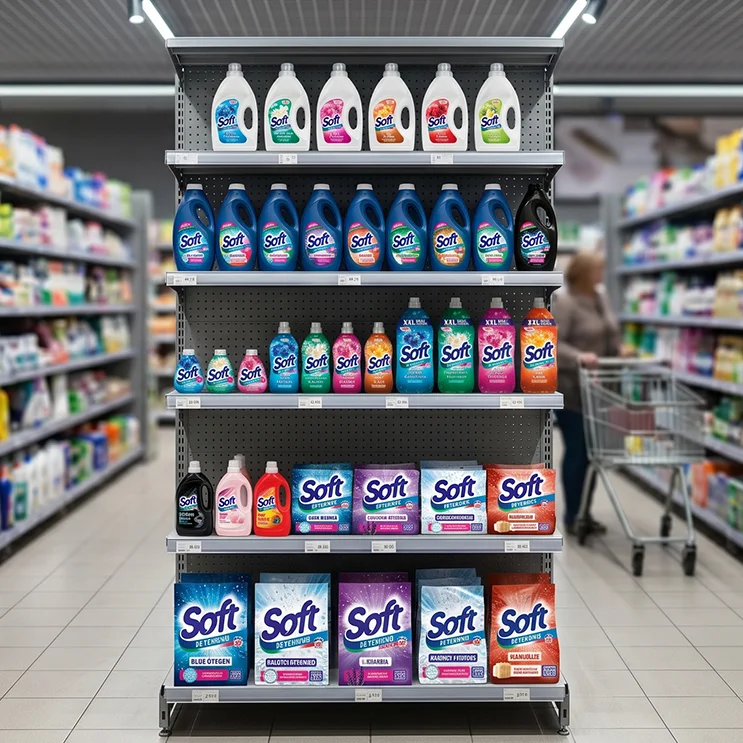La gamma e i packaging per il brand di detersivi home care Soft realizzati da ATC