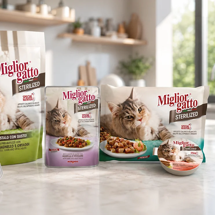 I packaging della gamma Miglior Gatto Sterilized del brand di petfood Morando