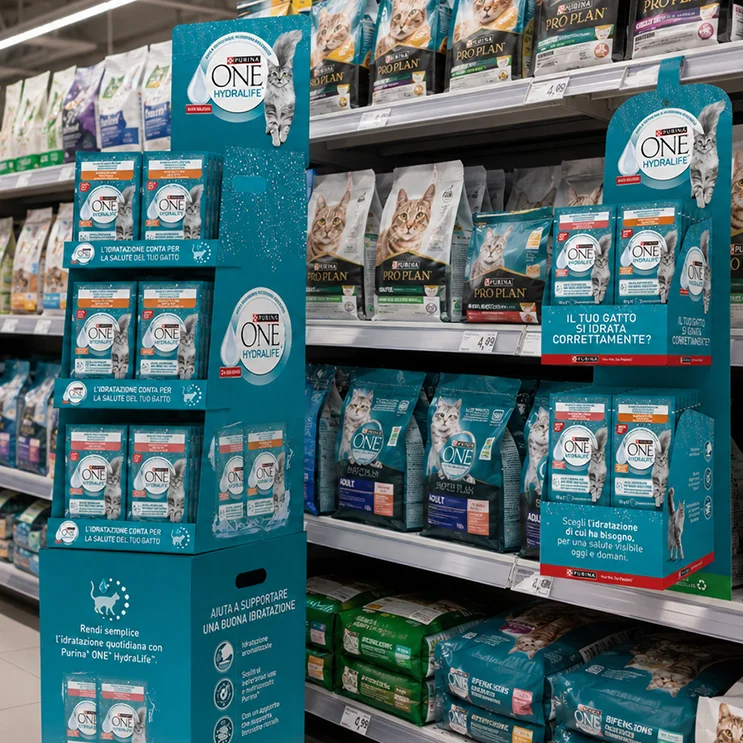 I materiali POS realizzati per il brand di petfood Purina per la gamma One