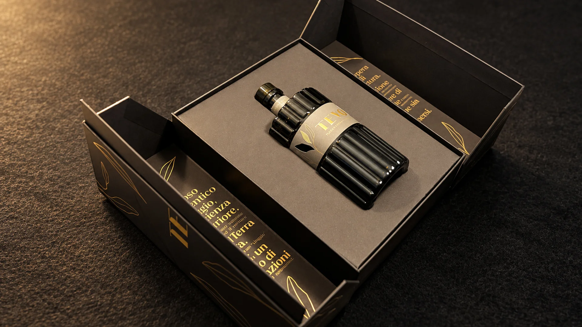 The luxury presentation box designed for Tevo extra virgin olive oil by ATC and Reverse